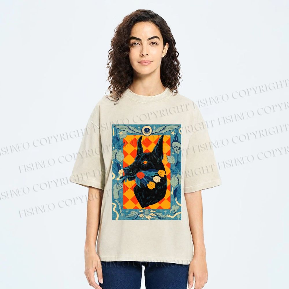 Unisex Tarot Doberman Floral Art Printed Washed Tee
