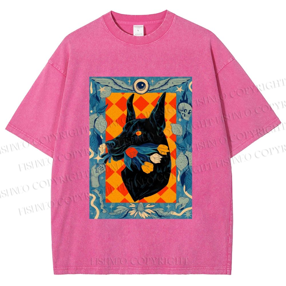 Unisex Tarot Doberman Floral Art Printed Washed Tee