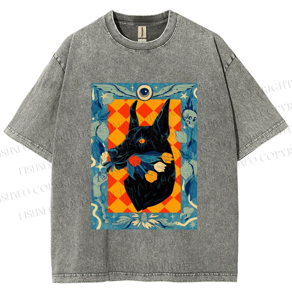 Unisex Tarot Doberman Floral Art Printed Washed Tee