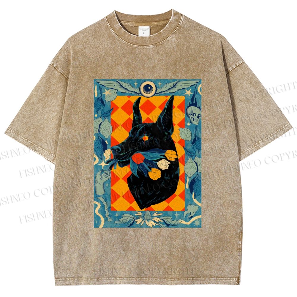 Unisex Tarot Doberman Floral Art Printed Washed Tee