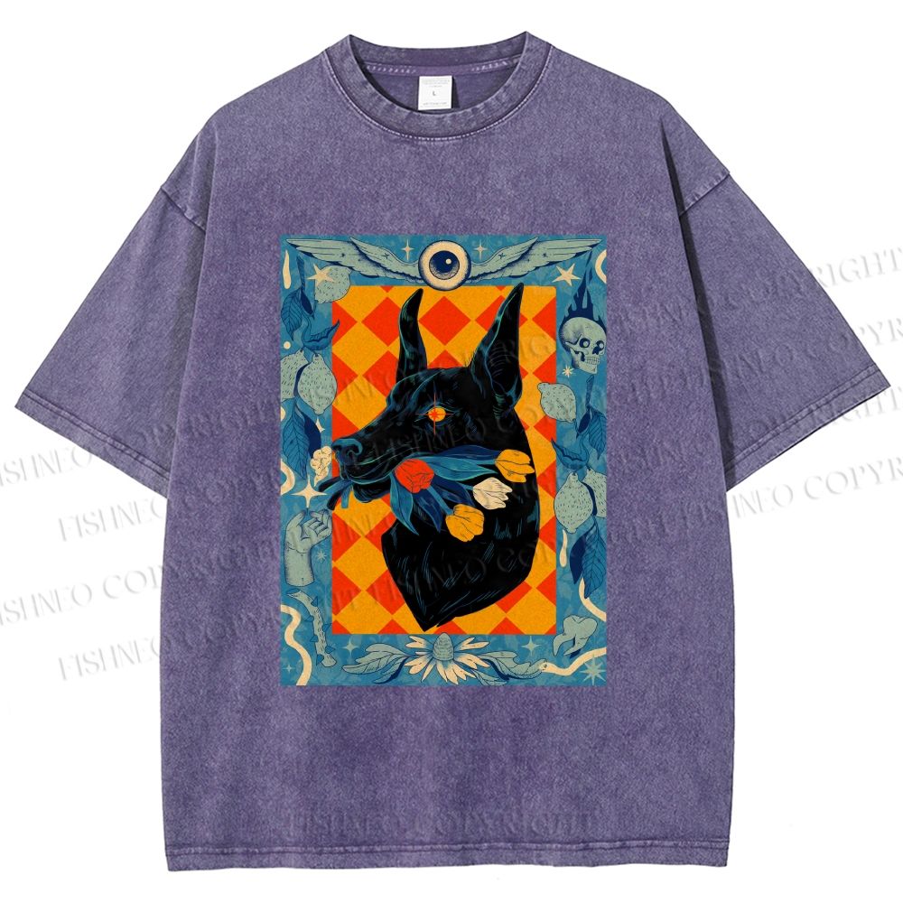 Unisex Tarot Doberman Floral Art Printed Washed Tee