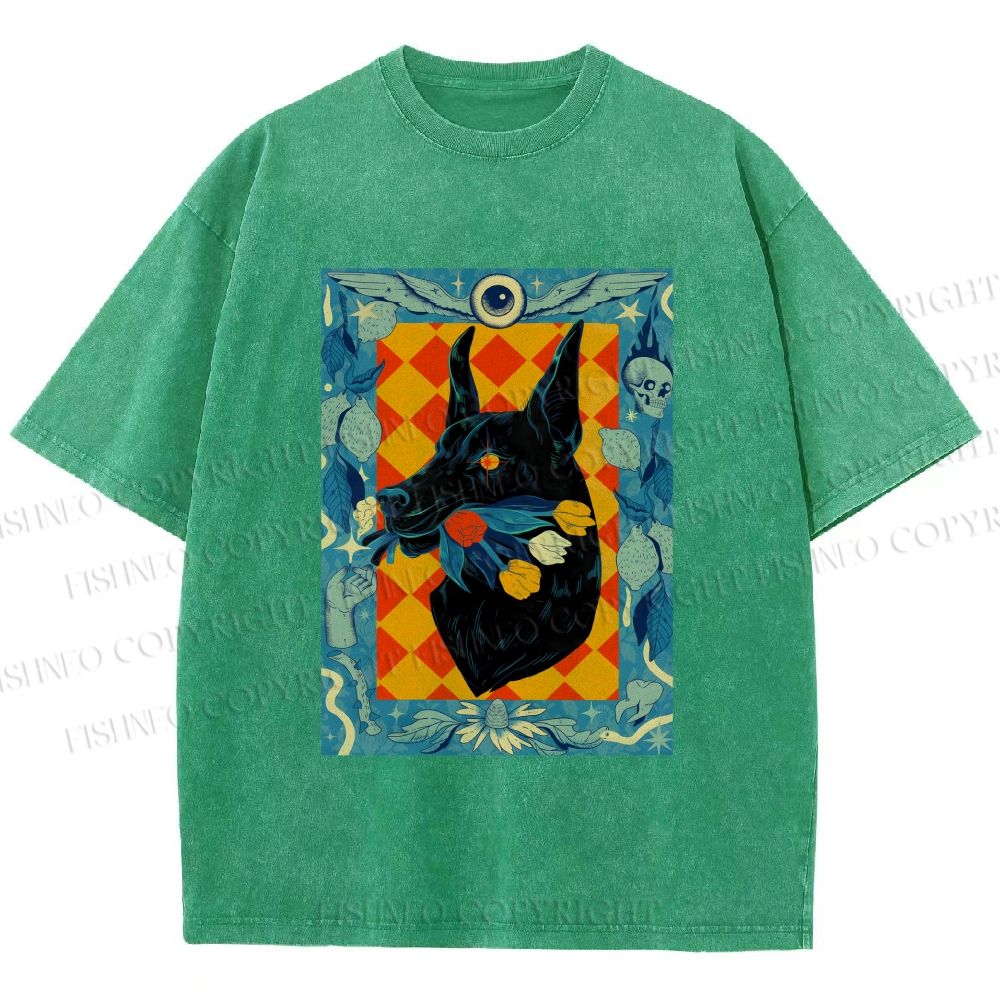 Unisex Tarot Doberman Floral Art Printed Washed Tee