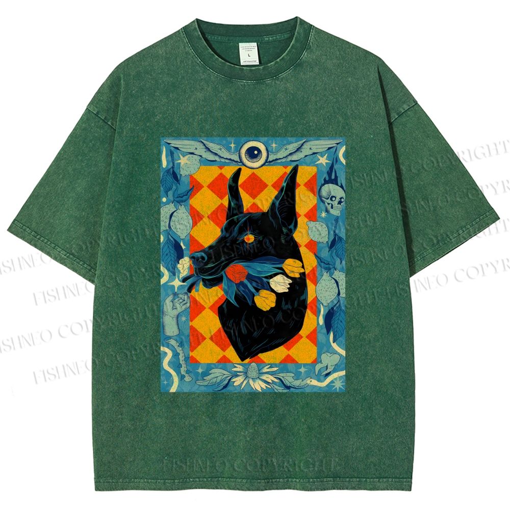 Unisex Tarot Doberman Floral Art Printed Washed Tee