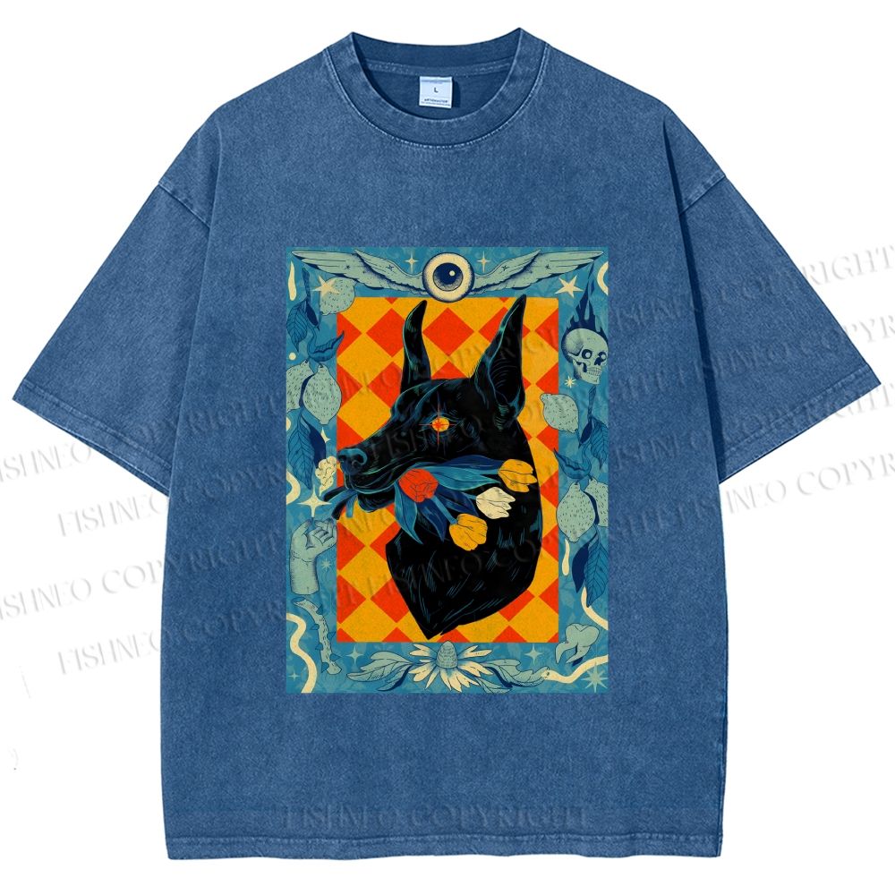 Unisex Tarot Doberman Floral Art Printed Washed Tee