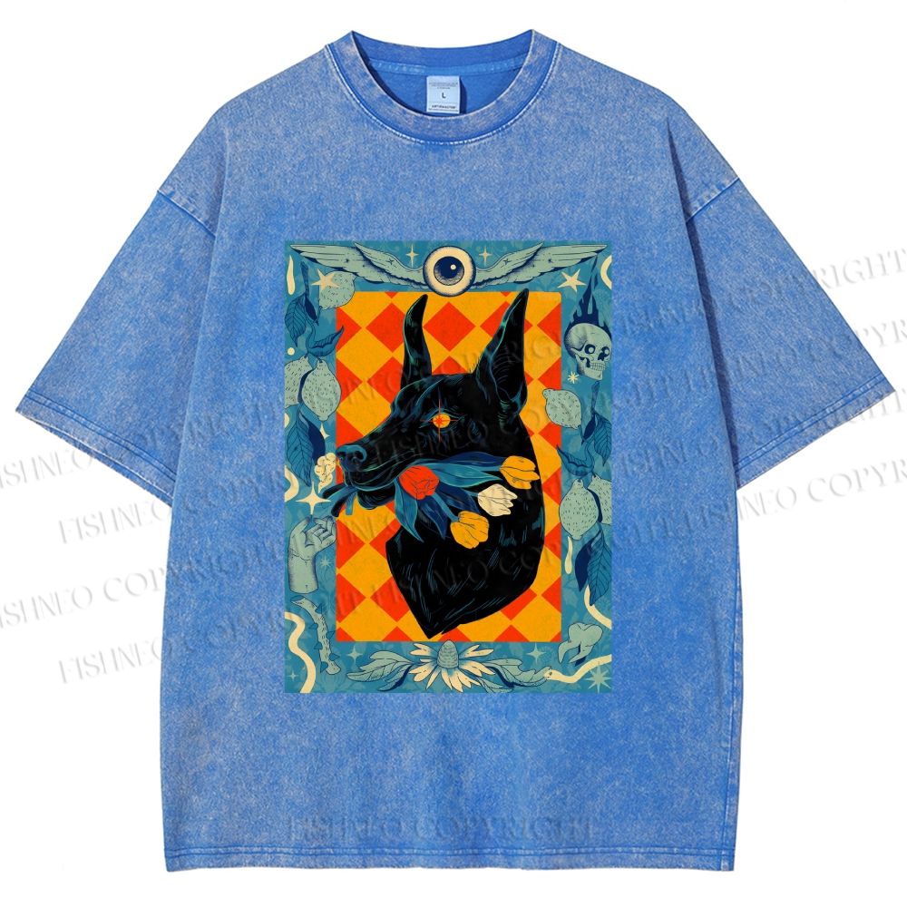 Unisex Tarot Doberman Floral Art Printed Washed Tee