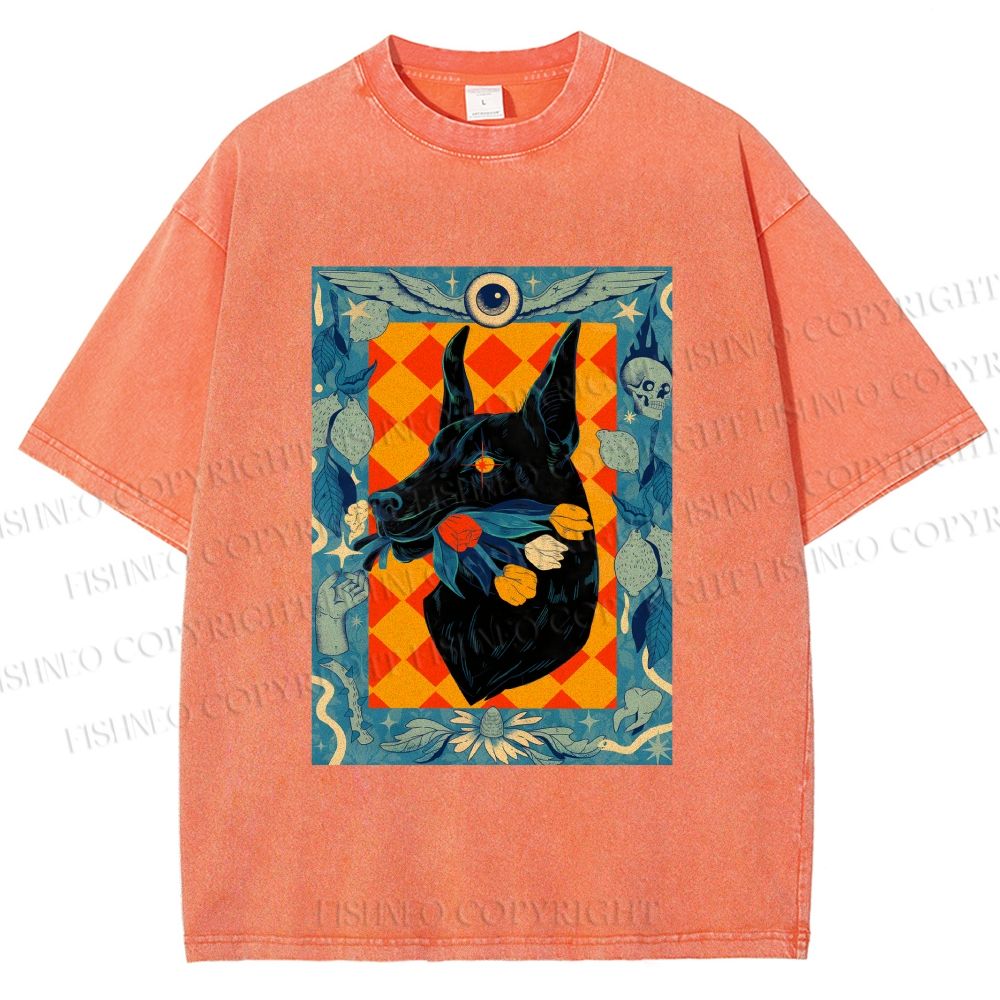 Unisex Tarot Doberman Floral Art Printed Washed Tee