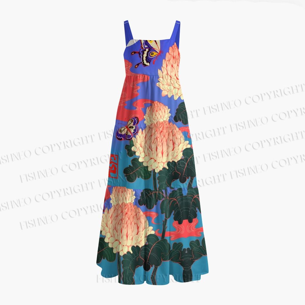 Japanese Ukiyo-e Butterflier Around Finger Flowers Maxi Dresses