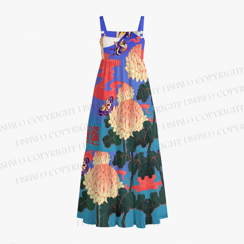 Japanese Ukiyo-e Butterflier Around Finger Flowers Maxi Dresses