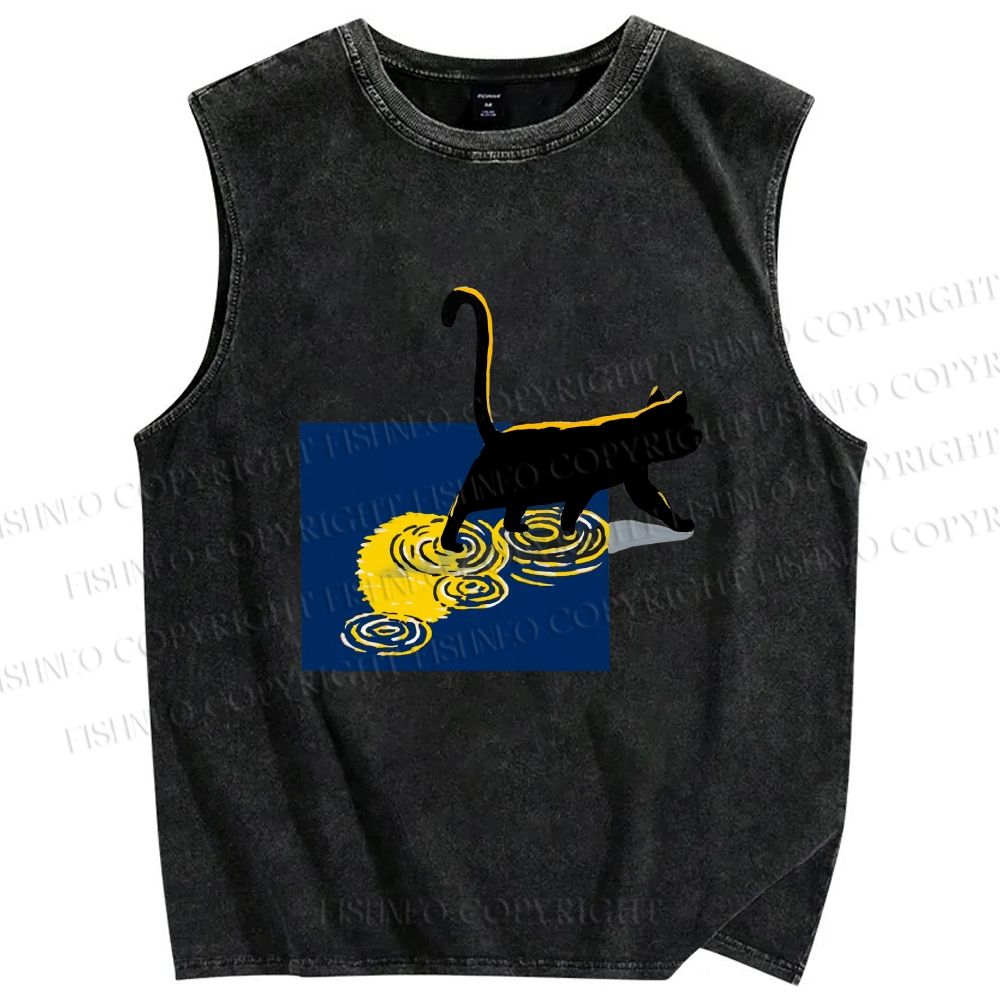Unisex Golden Wave Kitty Printed Washed Tank Top