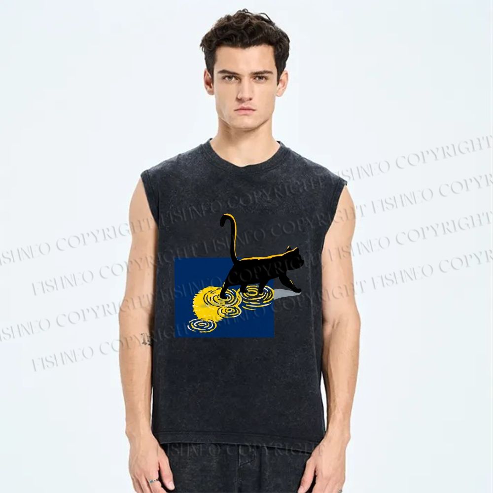 Unisex Golden Wave Kitty Printed Washed Tank Top