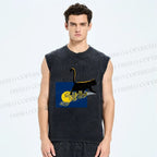 Unisex Golden Wave Kitty Printed Washed Tank Top