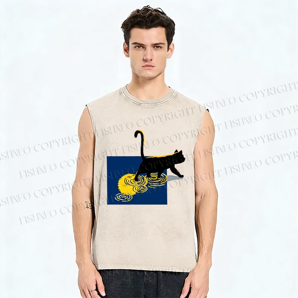 Unisex Golden Wave Kitty Printed Washed Tank Top