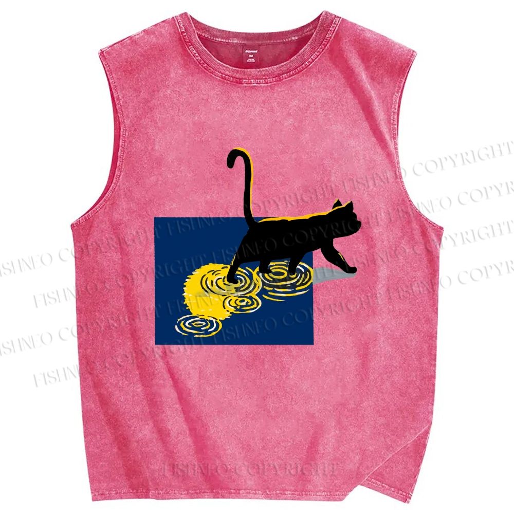 Unisex Golden Wave Kitty Printed Washed Tank Top