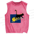 Unisex Golden Wave Kitty Printed Washed Tank Top