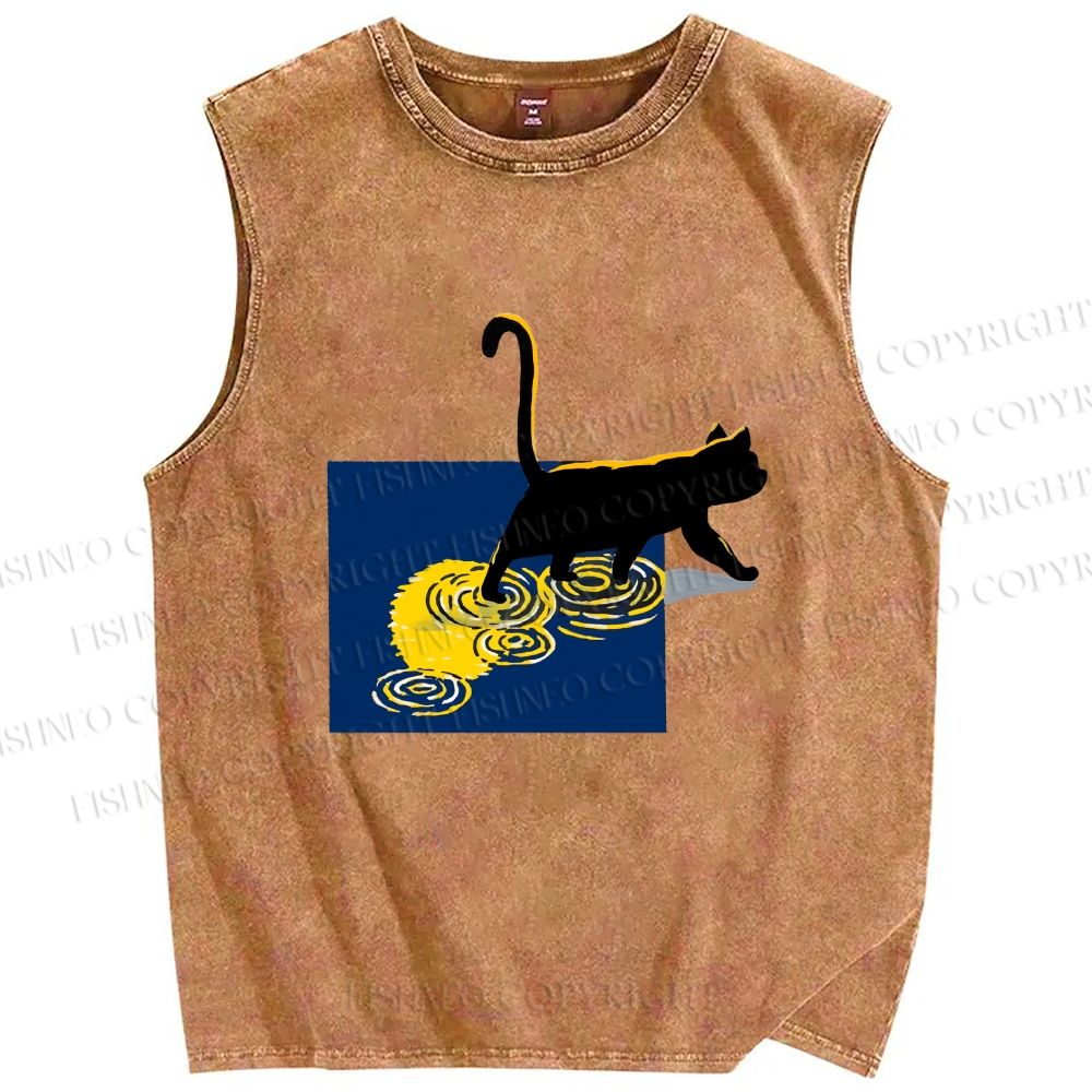 Unisex Golden Wave Kitty Printed Washed Tank Top