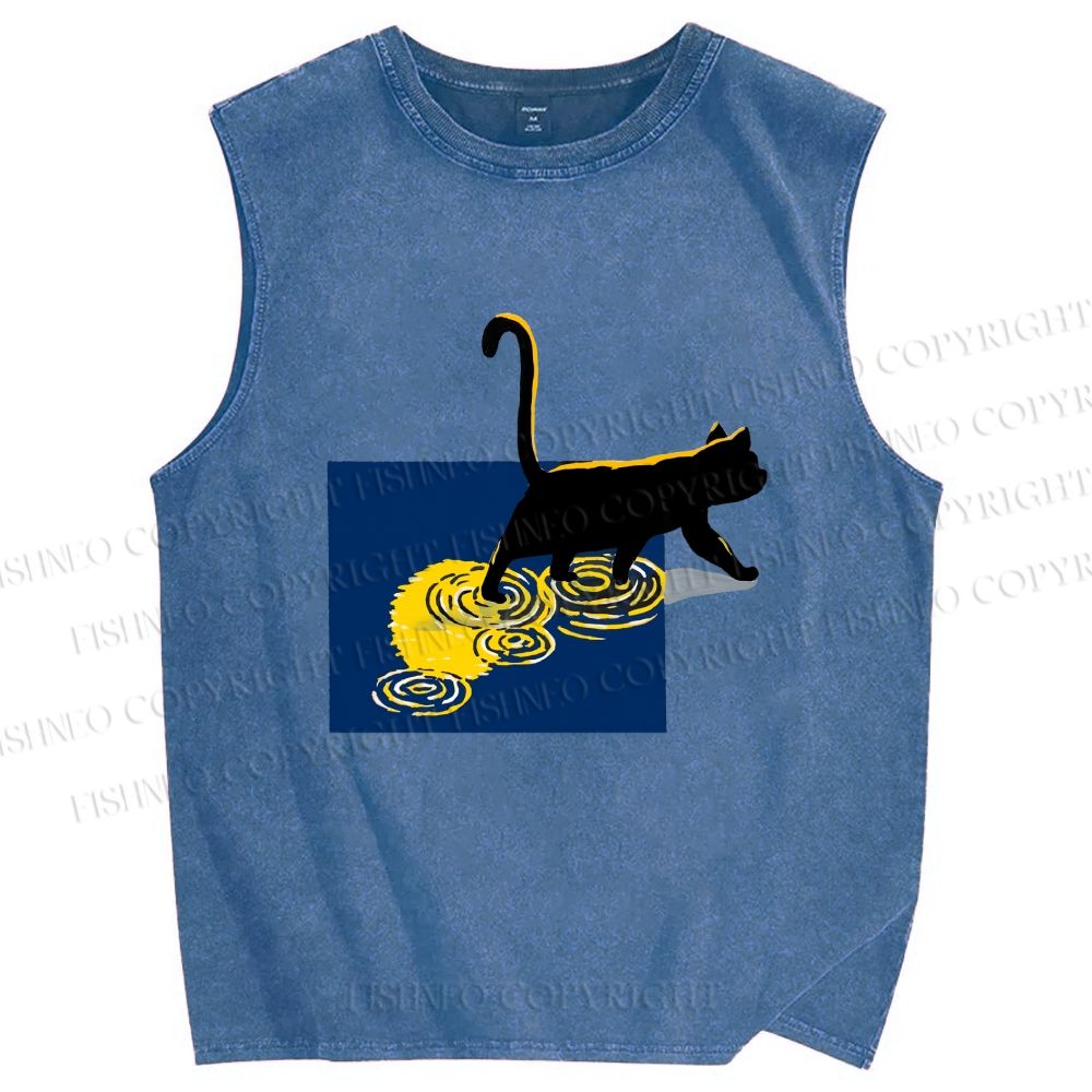 Unisex Golden Wave Kitty Printed Washed Tank Top