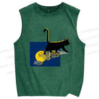 Unisex Golden Wave Kitty Printed Washed Tank Top