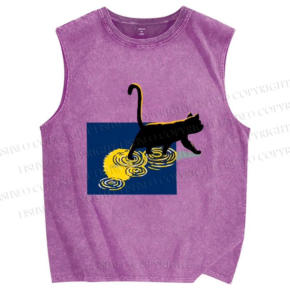 Unisex Golden Wave Kitty Printed Washed Tank Top