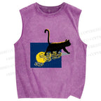 Unisex Golden Wave Kitty Printed Washed Tank Top