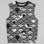 Unisex Black And White Cat in Wave Printed Tank Top