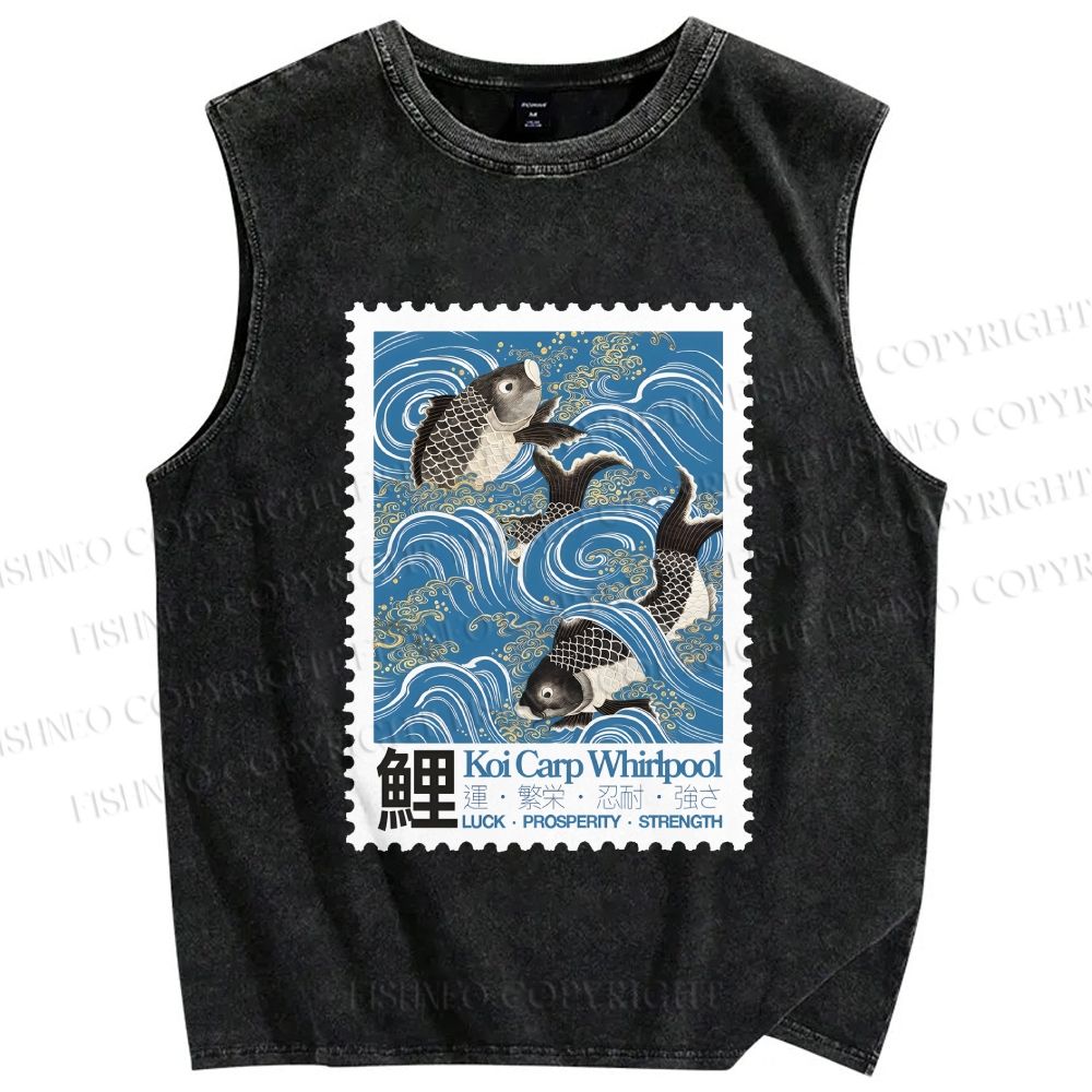 Unisex Japanese Koi Fish Stamp Printed Washed Tank Top