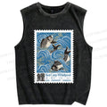 Unisex Japanese Koi Fish Stamp Printed Washed Tank Top