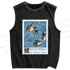Unisex Japanese Koi Fish Stamp Printed Washed Tank Top