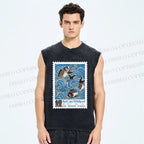 Unisex Japanese Koi Fish Stamp Printed Washed Tank Top