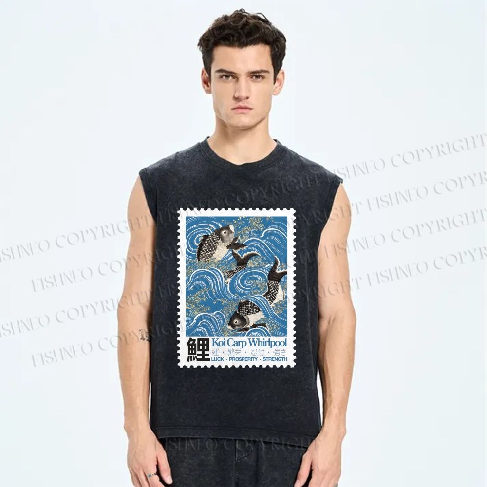 Unisex Japanese Koi Fish Stamp Printed Washed Tank Top