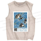 Unisex Japanese Koi Fish Stamp Printed Washed Tank Top