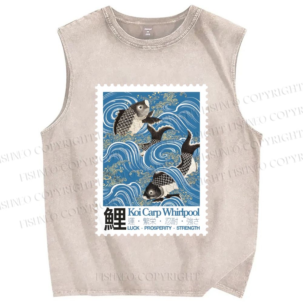 Unisex Japanese Koi Fish Stamp Printed Washed Tank Top