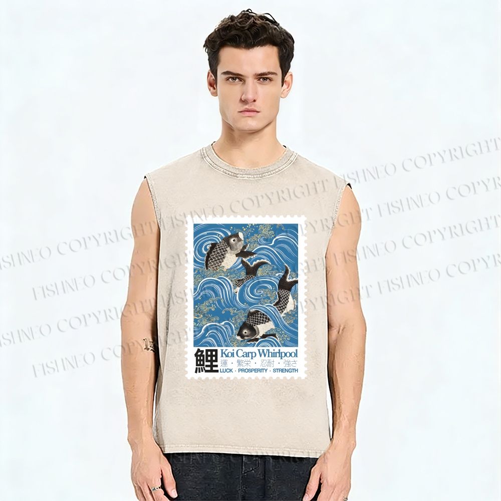 Unisex Japanese Koi Fish Stamp Printed Washed Tank Top