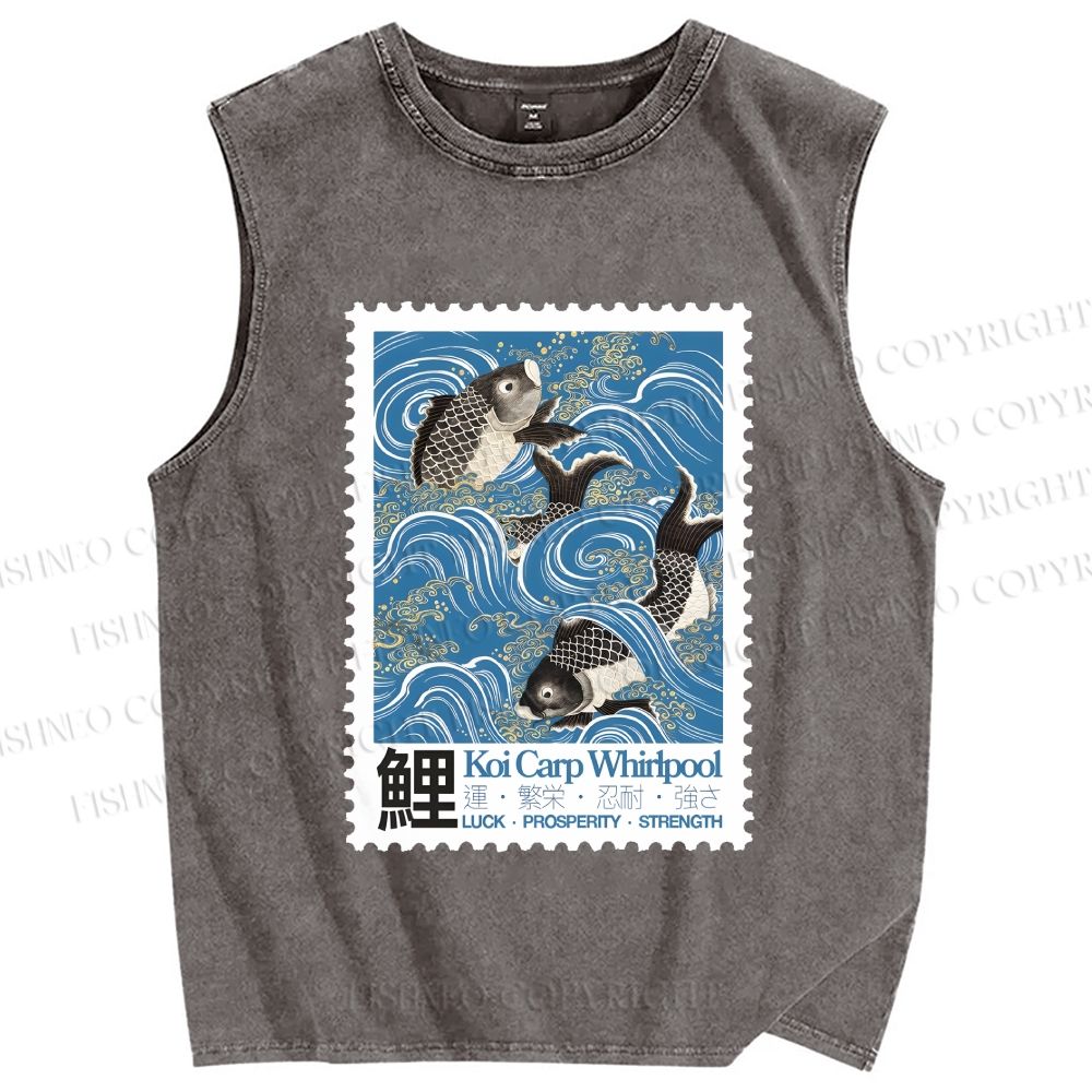 Unisex Japanese Koi Fish Stamp Printed Washed Tank Top