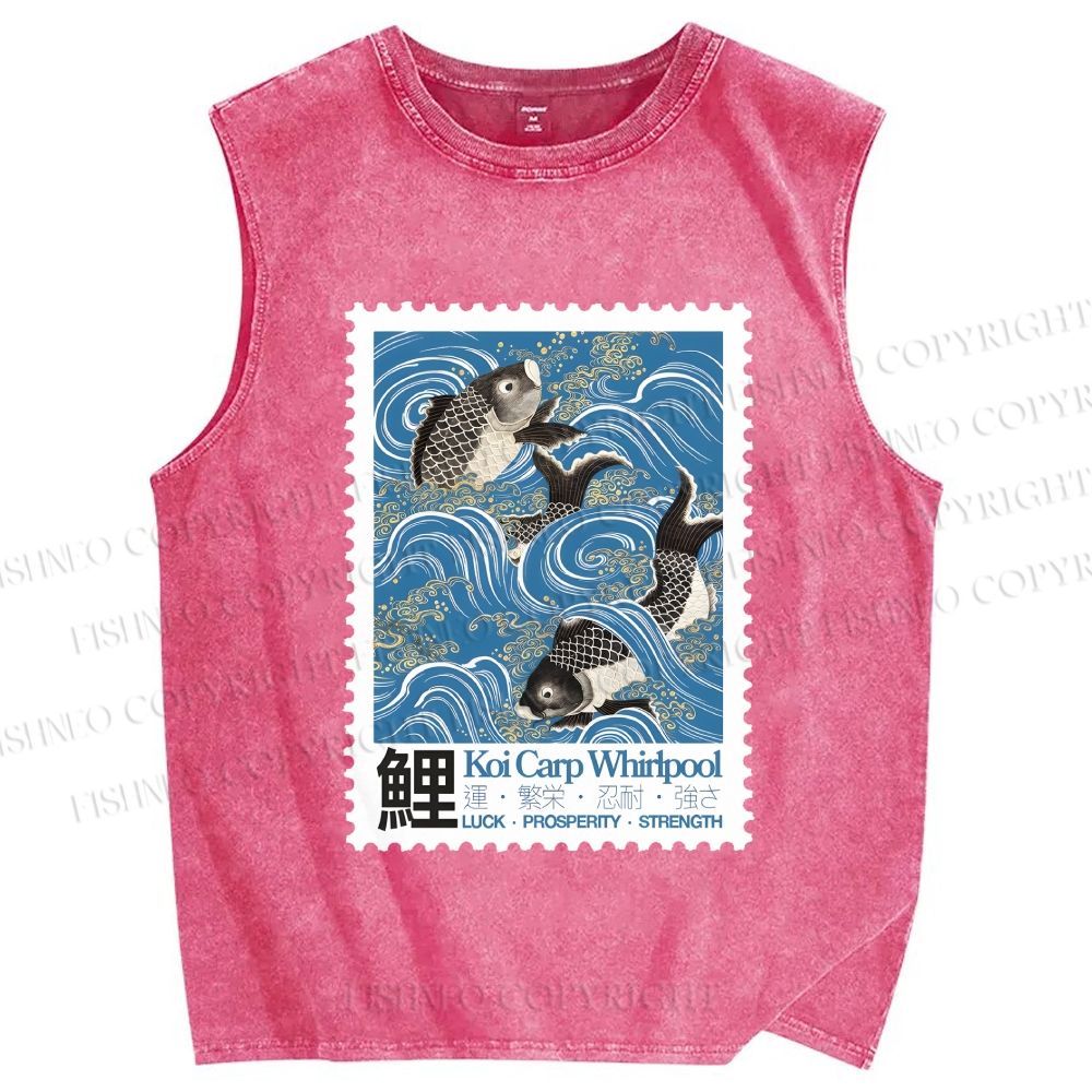 Unisex Japanese Koi Fish Stamp Printed Washed Tank Top