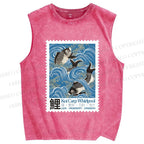 Unisex Japanese Koi Fish Stamp Printed Washed Tank Top