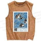 Unisex Japanese Koi Fish Stamp Printed Washed Tank Top