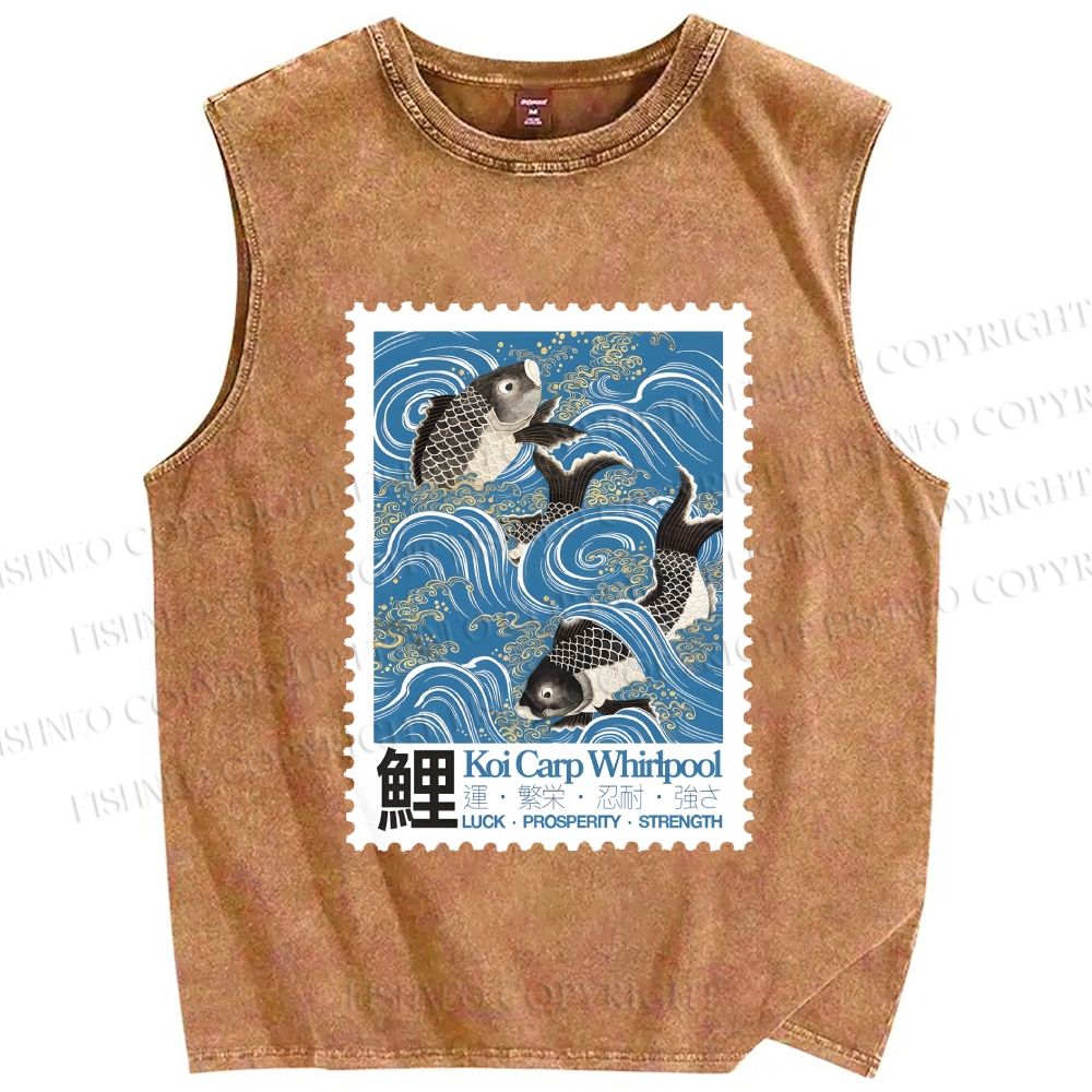 Unisex Japanese Koi Fish Stamp Printed Washed Tank Top