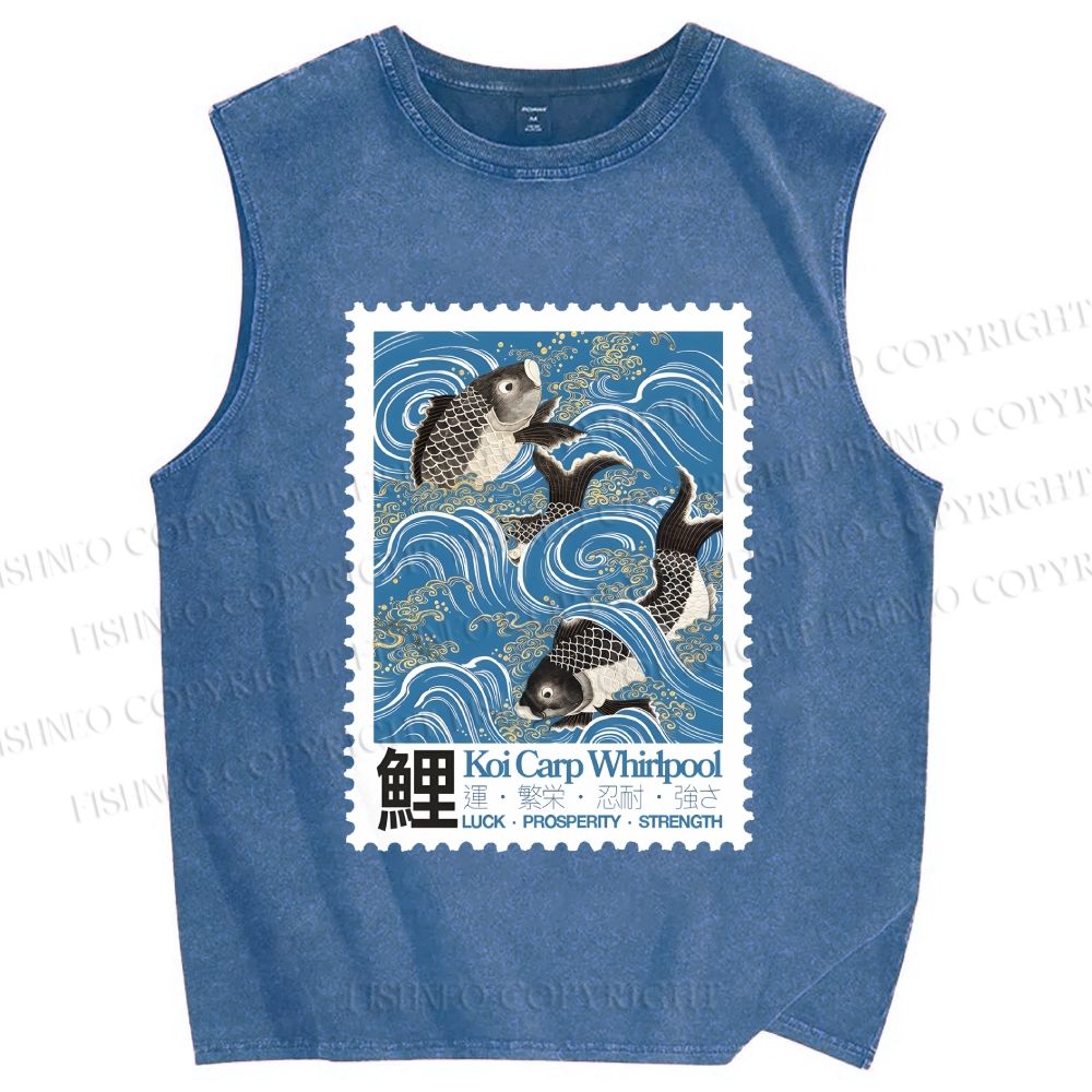 Unisex Japanese Koi Fish Stamp Printed Washed Tank Top