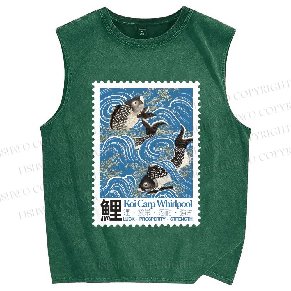 Unisex Japanese Koi Fish Stamp Printed Washed Tank Top