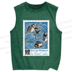 Unisex Japanese Koi Fish Stamp Printed Washed Tank Top