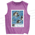 Unisex Japanese Koi Fish Stamp Printed Washed Tank Top