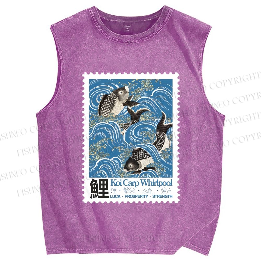 Unisex Japanese Koi Fish Stamp Printed Washed Tank Top