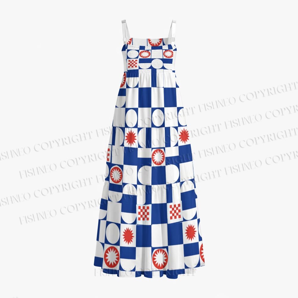 Retro Geometric Check Sun Print Square Maxi Dresses