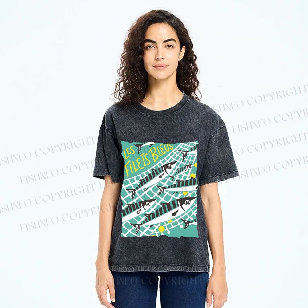 Unisex Sardine Fish in Net Printed Washed Tee