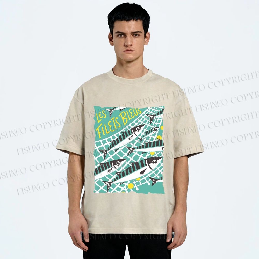 Unisex Sardine Fish in Net Printed Washed Tee
