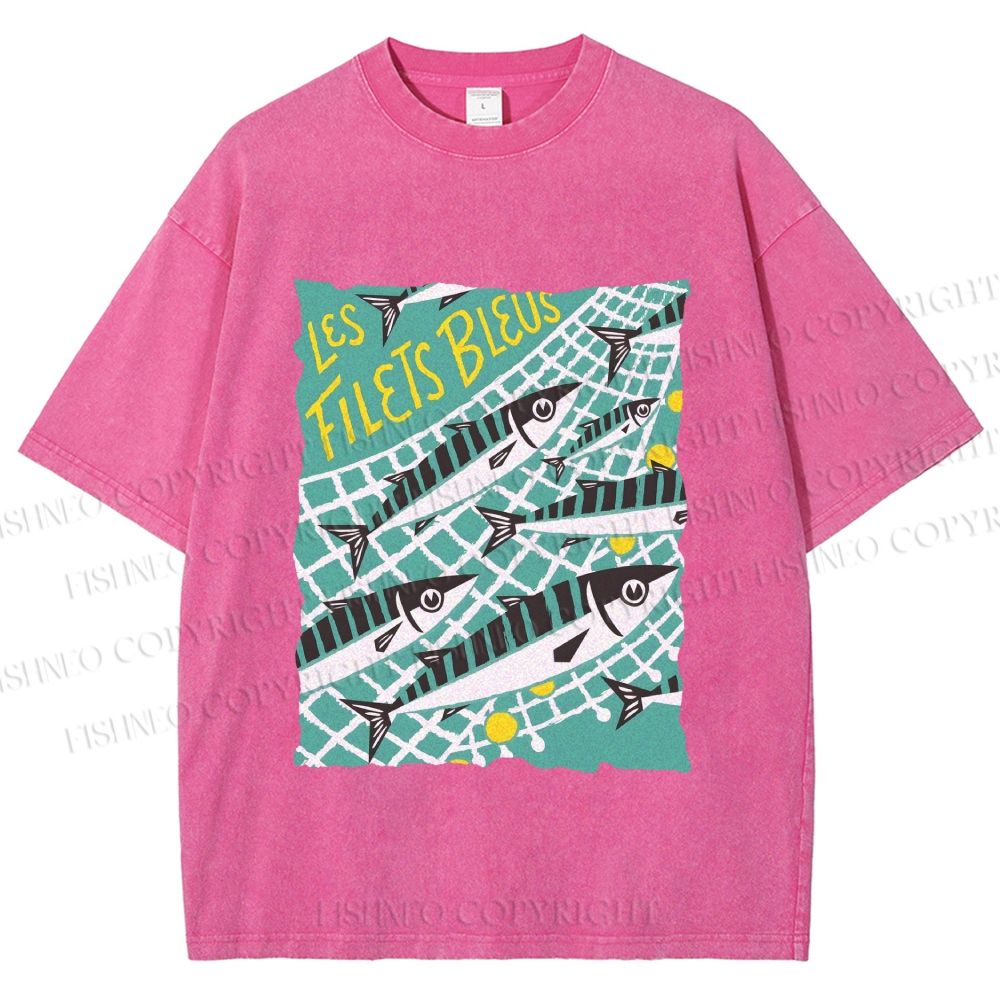 Unisex Sardine Fish in Net Printed Washed Tee