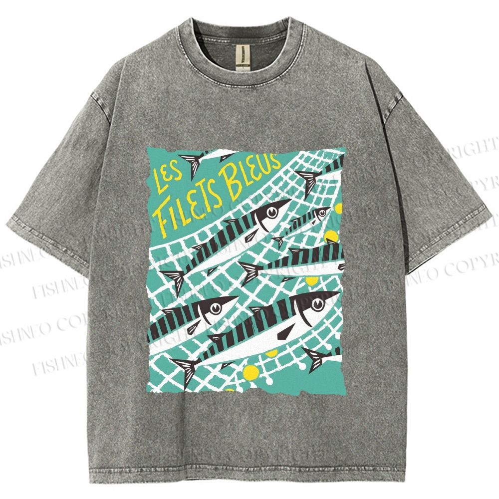 Unisex Sardine Fish in Net Printed Washed Tee