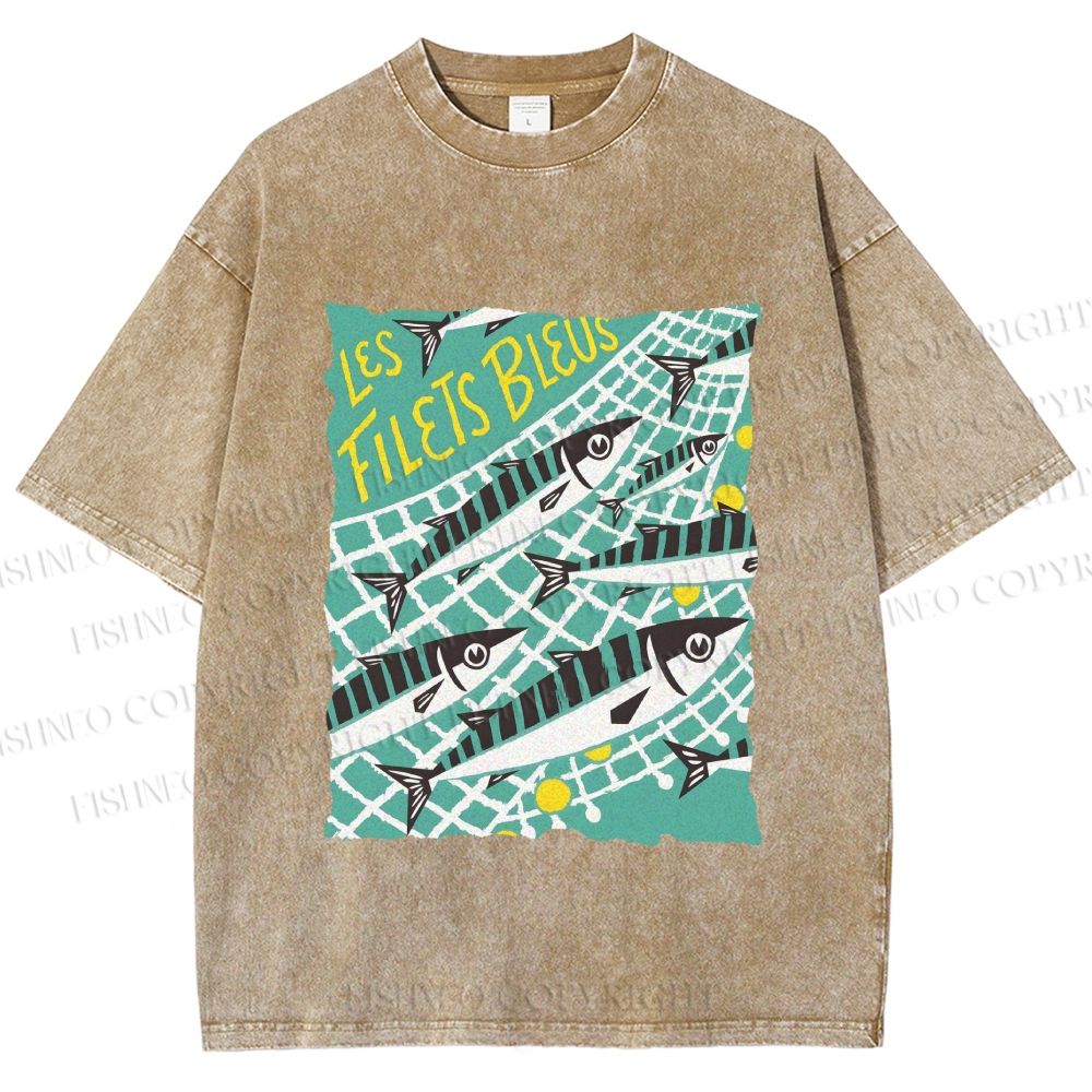 Unisex Sardine Fish in Net Printed Washed Tee