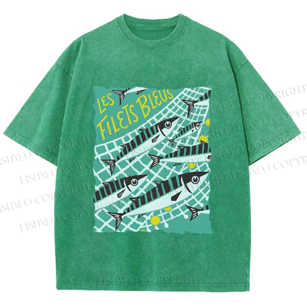 Unisex Sardine Fish in Net Printed Washed Tee