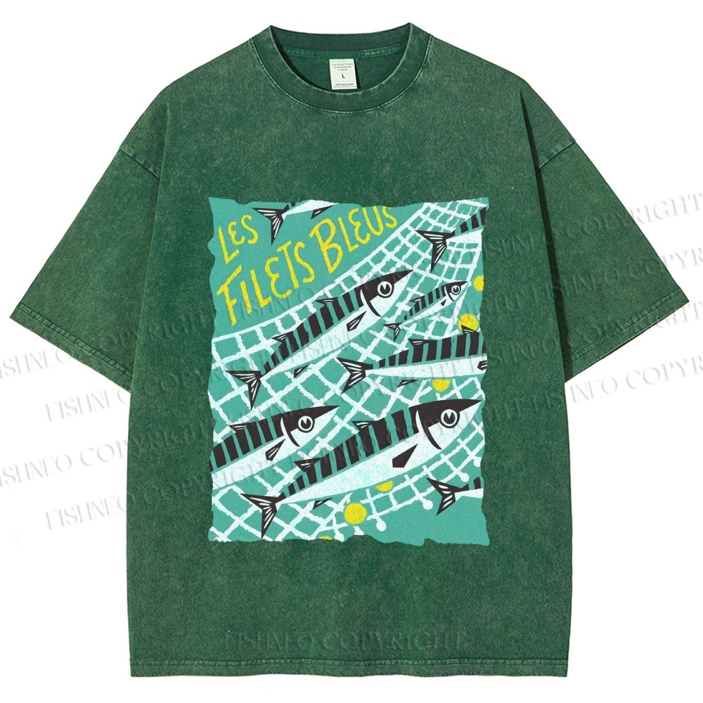 Unisex Sardine Fish in Net Printed Washed Tee